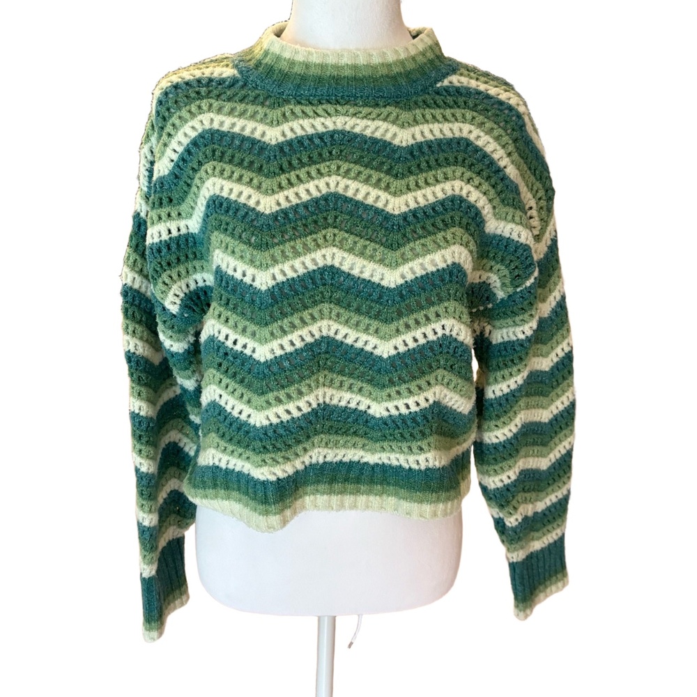 Hippie Rose Sweater Womens Size Small Green Chevron Cropped Striped Crew Neck